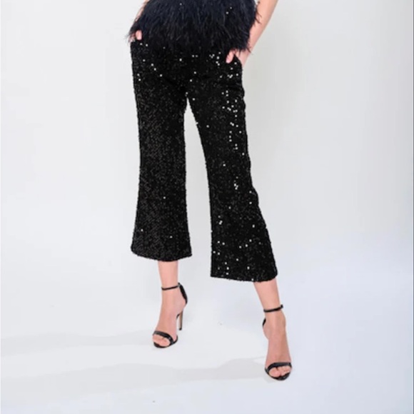 NWT Flora Bea NYC Boutique Kelsey Black Sequin cropped flare pants lined Sz S - Picture 2 of 11
